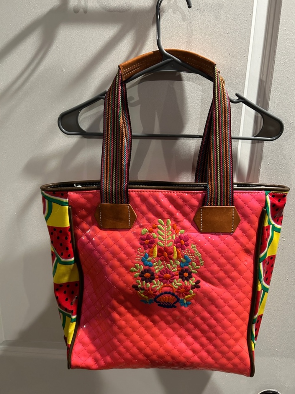 Consuela Quilted Pink Tote Bag with Embroidered Floral Motif